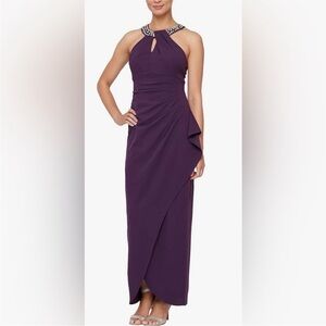 SLNY Purple Embellished Halter Sleeveless Ruched Side Cascade Ruffle Dress 14